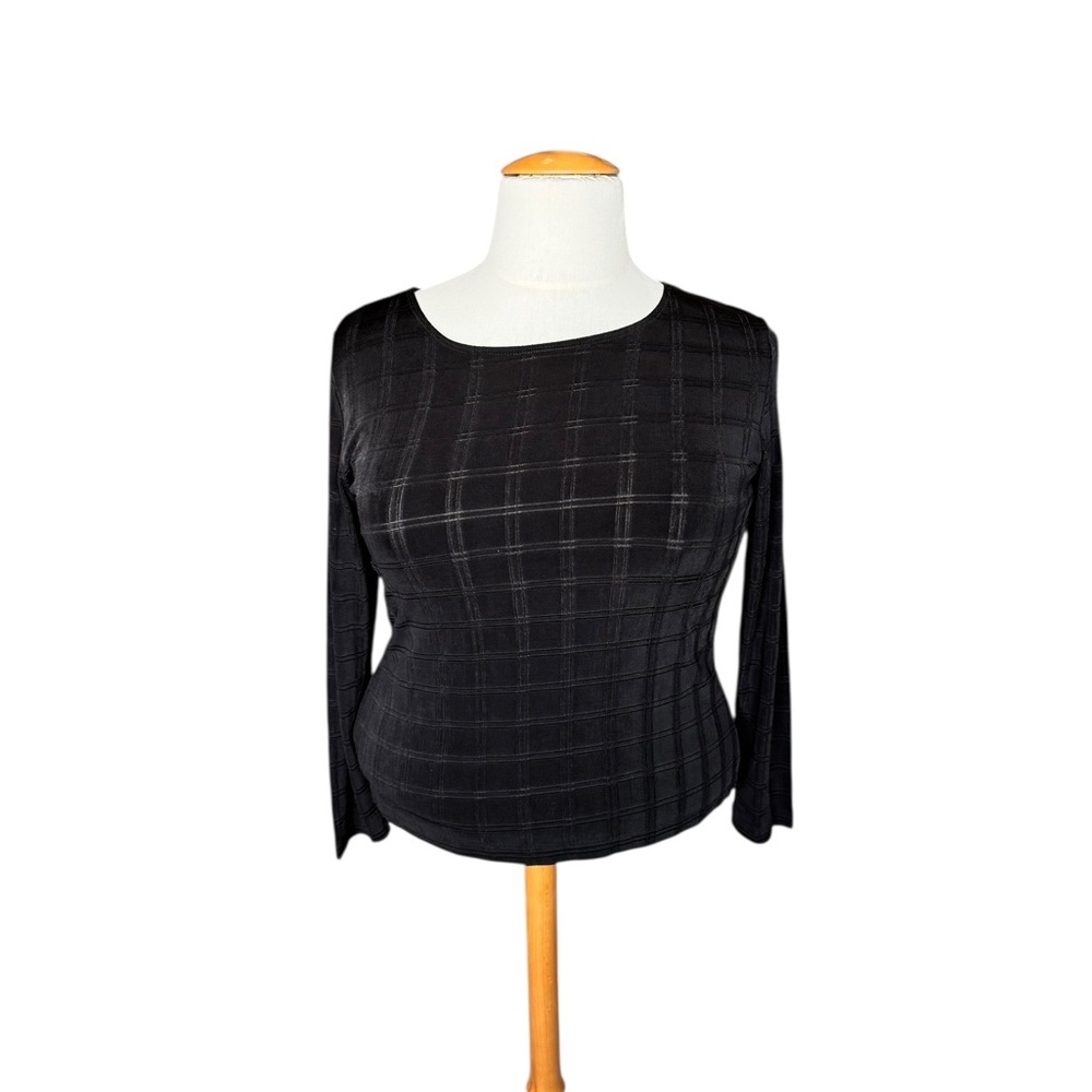 Chico’s Travelers Black Textured Grid Long Sleeve Top Size 3 Classic Minimalist